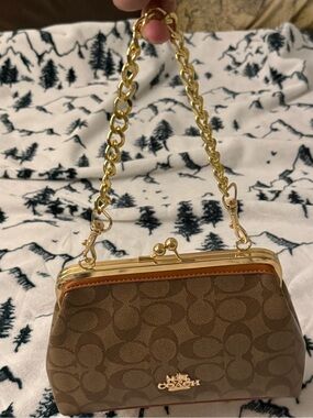 Coach Brown Signature Crossbody with Gold Chain and Tan Strap